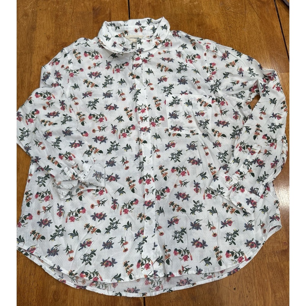 Lucky Brand Women White Floral Dobby Button Down Shirt Long Sleeve Xl Cotton